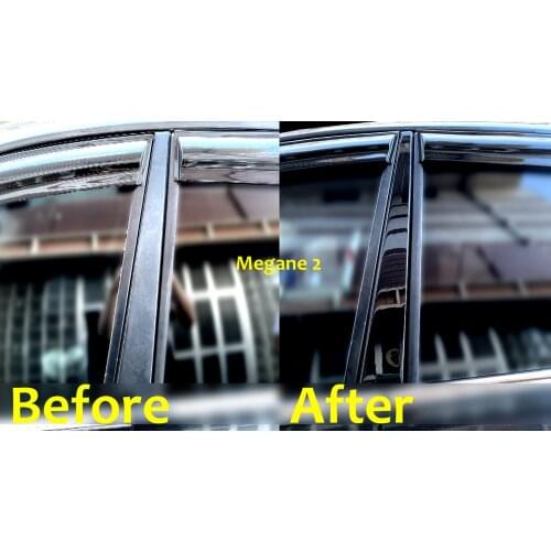 For Megane 2 Window Trim Decors Carbon Fiber, Piano Black Frame Decorative Accessories Set Exterior Car Stickers ODAC Tuning