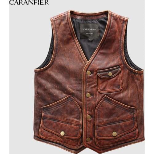 CARANFIER Mens Retro 100% Cowhide Vests Brand Angel Motorcycle Biker Sleeveless Jacket Male Brand Angel Genuine Leather Vests