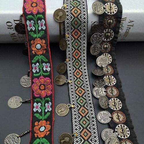 2 yards/lot Ethnic Handmade Beaded Floral Embroidered Tassel Ribbon for Diy Curtains Home Textiles Trims Clothing Accessories