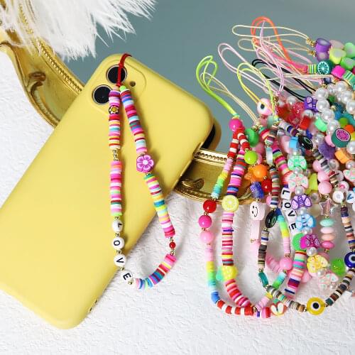 2021 New Colorful Acrylic Bead Heart Smile Mobile Phone Chain CellPhone Strap Anti-Lost Lanyard for Women Summer Travel Jewelry