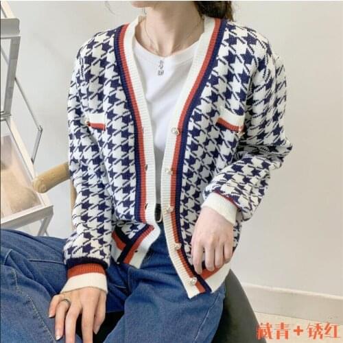 2021 autumn and winter clothing new houndstooth knitted cardigan womens long-sleeved V-neck color-blocking sweater women