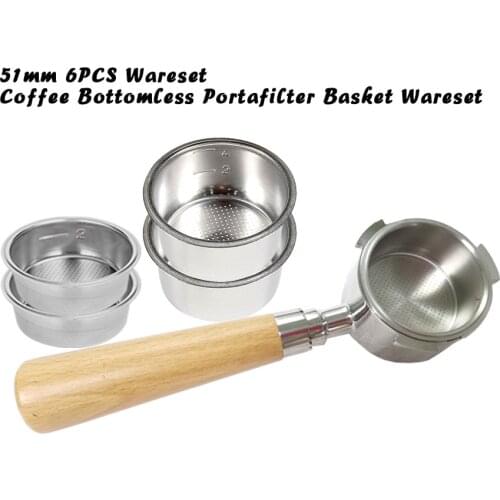51mm Coffee Bottomless Portafilter Basket Set 6PCS Espresso Coffeeware Set Breville Delonghi Krups Wooden Handle Filter Holder
