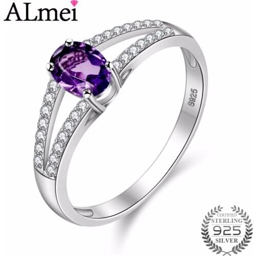 Almei 925 Sterling Silver Natural Amethyst Stone Anniversary Ring 2 Row Engagement Rings Fine Jewelry for Women with Box CJ037