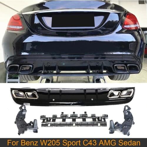 Car Rear Bumper Diffuser Lip for Mercedes Benz C Class W205 Sport C200 C300 C400 C43 AMG Sedan 14-18 Diffuser with Exhaust Tips