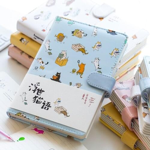 Notebook Kawaii Stationery Cute Cat Notebook Leather Diary Mini Notepad Portable Japanese Style Student Supplies Magnetic Button