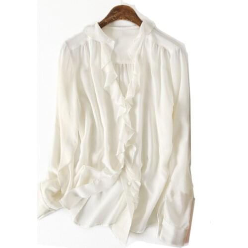 100% natural silk Blouses V neck white Long Sleeve Real Silk Blouse Tops with ruffles for women Office Wear Shirts work Blouses
