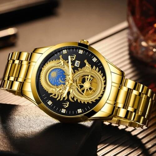 Dragon Phoenix Mens Luxury Business Watch Moon and Star Glow in the Dark Calendar Gold Plated Waterproof d88