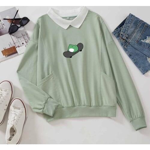 Cotton Sweatshirt Korean Kawaii Frog Plus Size Hoodie Autumn Casual Winter Pullover Women Aesthetic Clothes Graphic Sweatshirt