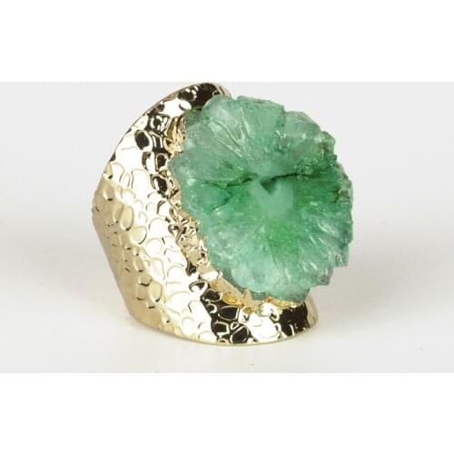 Pure Gold Color Big Rough Raw Green Geode Quartz Crystal Stone Slice Bead Charm Adjustable Open Hammered Ring Cuff for Women
