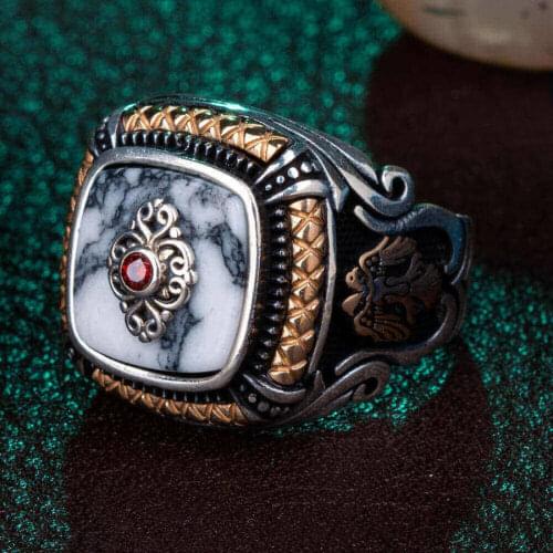 White Sedef Gemstone Men Ring Vintage Square Silver Ring Two Hawk Style Ring Animal Ornate Jewelry Perfect Men Gift
