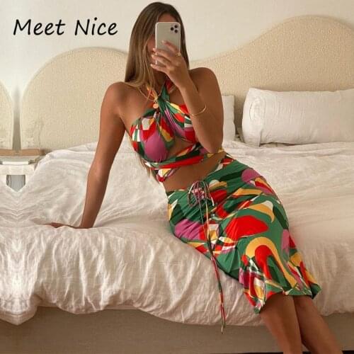 2 Two Piece Skirt Set Tie up Crop Top Stretch Drawstring Ruched Skirts Print Matching Sets Casual Party Club Outfits for Women