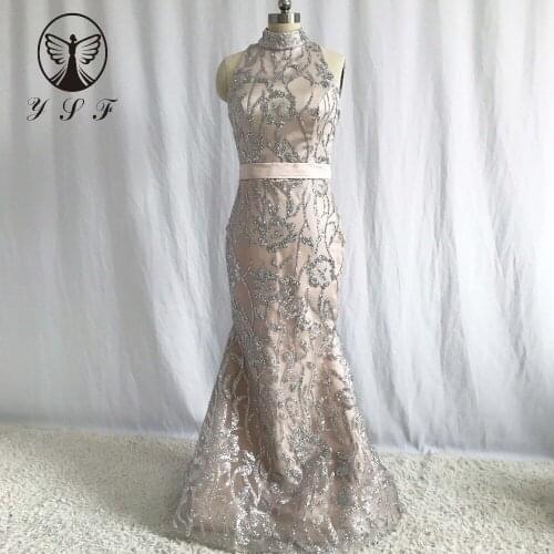 Best Selling High Collar Sleeveless Bling Bling Glitter Fabric Yousef Mermaid Prom Dresses