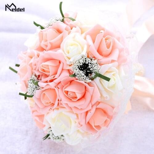 Meldel Bride Wedding Bouquet Bridesmaid Holding Flower Fake Pearl Artificial PE Rose Bouquet White Party Prom Wedding Supplies
