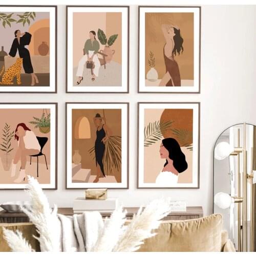 Fashion Bohemia Minimalist Abstract Woman Palm Leaf Wall Art Print Canvas Painting Nordic Poster Decor Pictures For Living Room