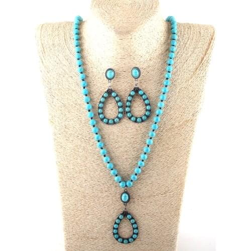 Fashion Jewelry Set Turq Stone / Glass Long Knotted Drop Necklace Earring set