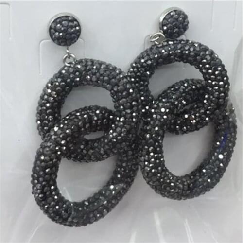Black shinning rhinestone twrist crossed connected round buckles connectors charms dangle earring for women