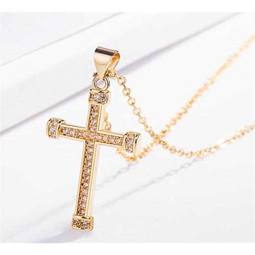 ROLILASON Classic designer Cross wholesale golden tone zircon necklaces pendants pentagram fashion jewelry LN680