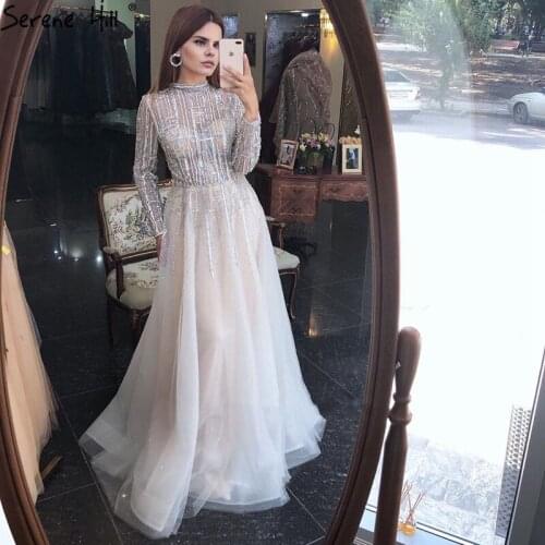 Dubai Silver A-Line Luxury Sexy Evening Dresses Crystal Beading Long Sleeves Formal Dress 2020 Serene Hill DLA70514