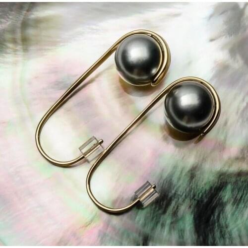 9.6mm Round Gray Real Tahitian Cultured Pearl Drop Earrings 14k Solid White Gold