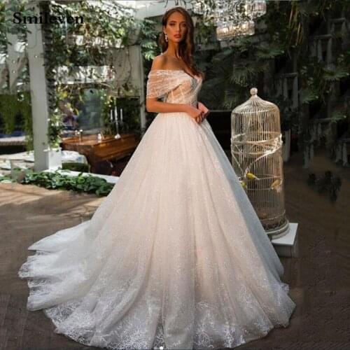 Smileven Lace Wedding Dress Ball Gown Off The Shoulder Shiny Glitter Tulle Bride Dresses Lace Country Wedding Bridal Gowns 2020