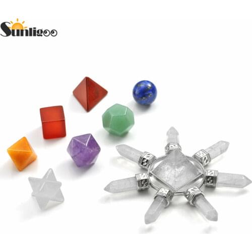 Sunligoo Healing 7 Chakra Crystal Plantonic Solids Geometry+Natural Gem Stone Pyramid Polishing Tumbled Stones Set Decoration