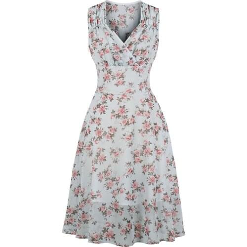 Retro Vintage Chiffon Women Party Dress Sleeveless Swing Summer 2021 Casual Female V Neck High Waist Bohemian Beach Dresses