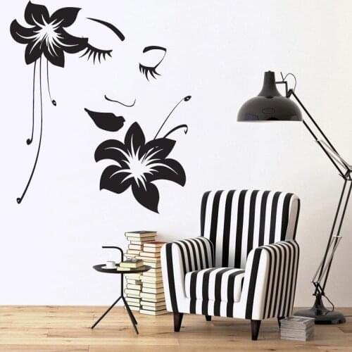 Bedroom Vinyl Wall Stickers Flower Decal Beautiful Woman Home Decor Living Room Removable Murals Girls Smile O73