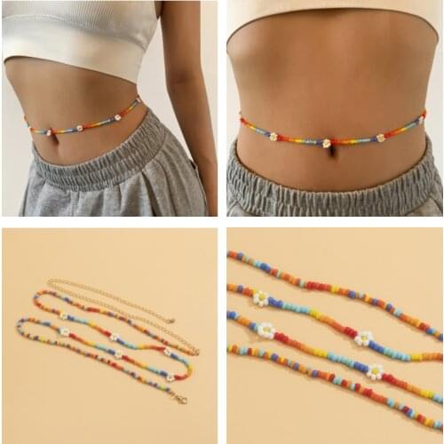Ethnic style colored daisy waist chain feminine pastoral style rice beads single-layer body chain