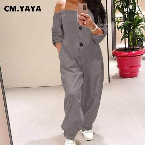 CM.YAYA Women Jumpsuits Loose Off Shoulder Rompers with Pockets Female Streetwear Casual One Piece Overalls Autumn Outfits 2021