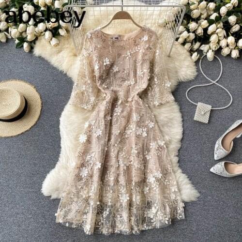 High Quality Embroidery Mesh Dress Women French Sweet O Neck A-line Dress Summer Elegant Streetwear Dress