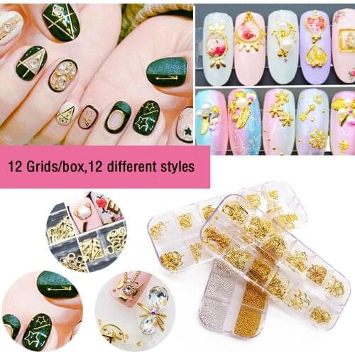 12 Grids Nail Art Glitter Sequins Metallic 3d Diy Hollow Studs Gold Nail Sequins Flakes Acrylic Designs Manicure Decoration