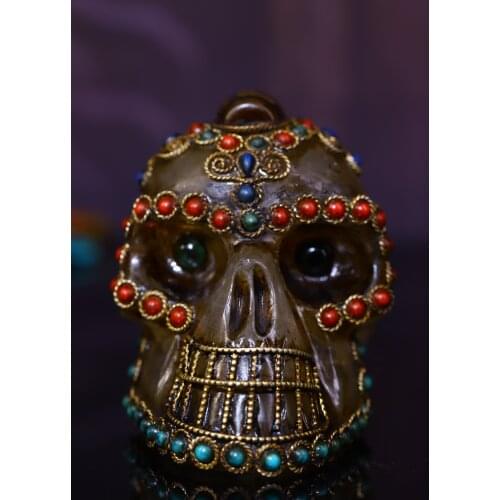 3"Tibet Buddhism Crystal Filigree mosaic Gem Dzi Bead Skeleton Head statue Shituo Lin Town House Exorcism Ward off evil spirits