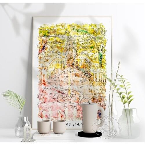 Watercolor City Rome Italy Poster, Rome Beautiful Scenery Art Print, Italy Plaza World Travel Wall Stickers Home Decor Kids Gift
