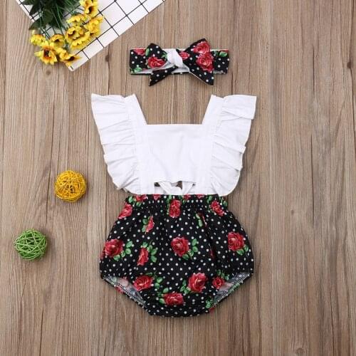 Newborn Baby Girls Floral Print Sleeveless Bodysuit +Headband Jumpsuit Outfits Sunsuit Clothes 2pcs