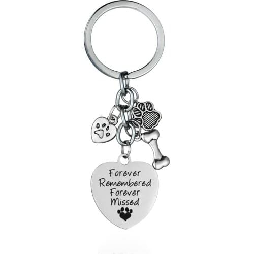 12PC "Forever Remembered Forever Missed" Love Heart Paw Print Pet Memorial Keyring Keychain Dog Cat Memory Animal Dog Bone Charm