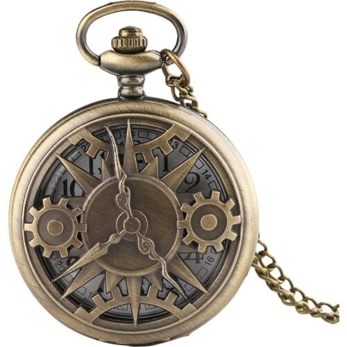Bronze Hollow Gearwheel Quartz Pocket Watch Aravic NUmberals Dial Pendant Watch Men Vintage Punk Clock Unisex Watches Gift