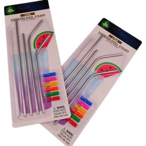 Hot Reusable 304 Stainless Steel Straw Set Drinking Water Bottle Metal Bent Straight Straws with Brush silicone suction nozzle