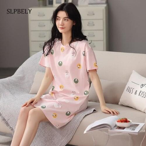 SLPBELY Summer Cotton Women Nightdress Nightgown Lovely Polka Dot Heart Printed Sleepwear Homewear Nightwear Nightskirt Pijama