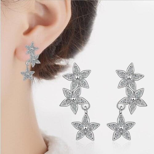 TJP Cute Flower Earrings For Girl Wedding Party Shiny Crystal Stones Lady 925 Silver Stud Earrings Women Jewelry Hot Bride Bijou
