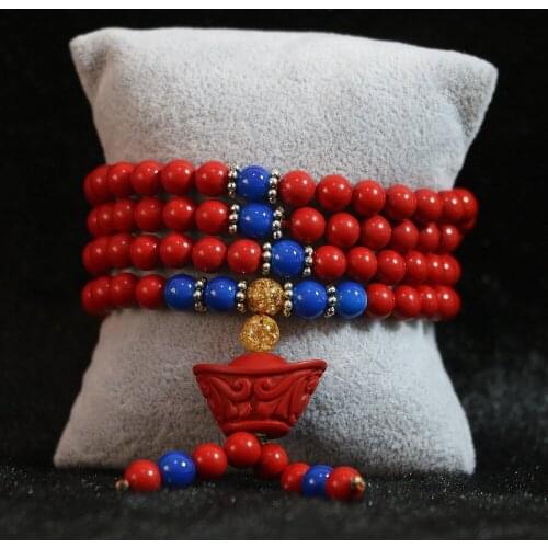Fashion Synthetic Red Cinnabar 6mm 108 Beads Multilayer Bracelet Blessing Pendant with Blue Spacer Beads Bracelet B806
