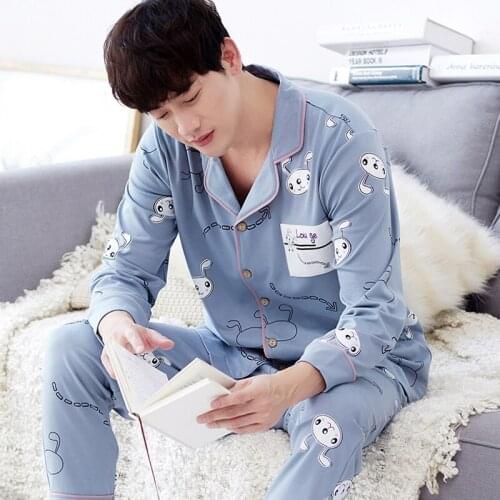 Mens Pajamas Spring Autumn Cotton Long Sleeve Nightwear Male Winter Middle-aged Plus Size Sleepwear Household Clothes H5606