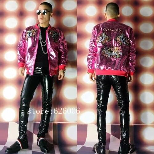 New fashion Male DJ singer pink leopard pattern basebal Jacket Costumes Stage show performance wear