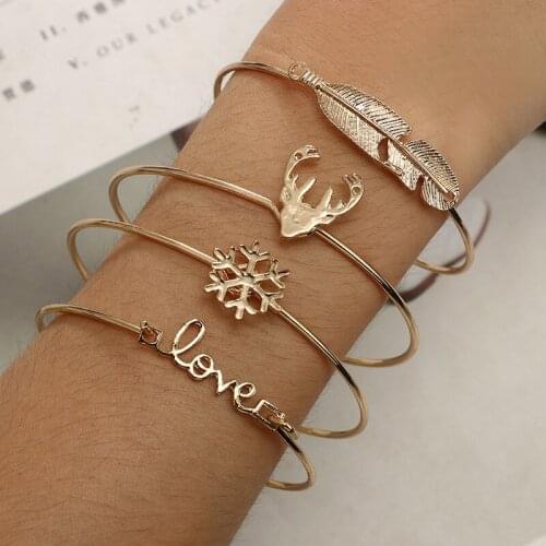 New Simple Snowflake Deer Head Leaves Love Letters Multi-layer Bracelet Four-piece Wish Women Metal Cuff Bracelets Trendy