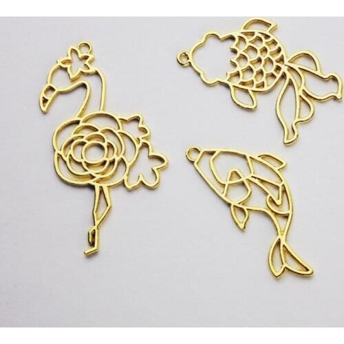 GLADZGT New 10 pcs/lot Flamingo Goldfish Dolphin Metal Frame Pendant Gold Charm Bezel Setting Cabochon Setting UV Resin Charm