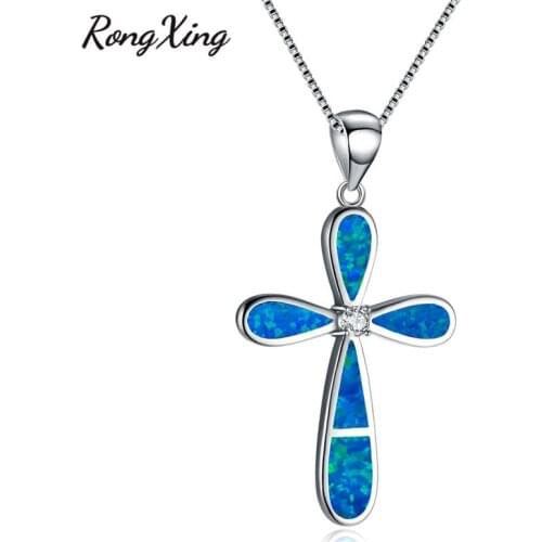 RongXing Lucky Cross White/Blue Fire Opal Pendants Necklaces Women Fashion Silver Color/Black Gold Filled Jewelry NL0135