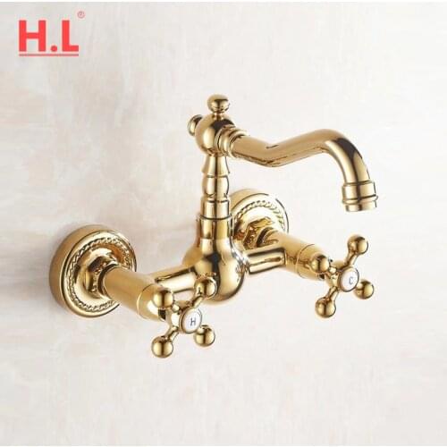 Luxury Gold Color Brass Bathroom Kitchen Sink Basin Faucet Mixer Tap Swivel Spout Wall Mounted Dual Cross Handles