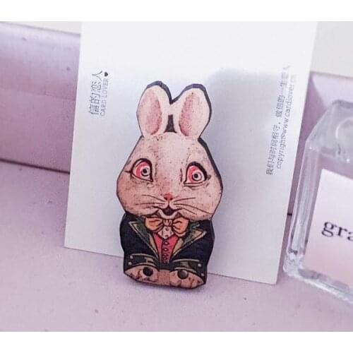 Vintage Wooden Rabbit Brooch Lapel Pin 1980s Badge Handmade Gothic Jewelry Accessories