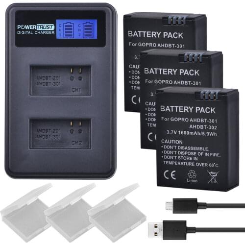 Powertrust 3pcs AHDBT-301 AHDBT-302 Camera Battery +LCD Dual USB Charger for Gopro Hero 3/3 Hero3 Hero3 Camera Hero3 Go Pro