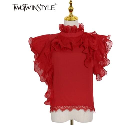 TWOTWINSTYLE Elegant Solid Shirt For Women Stand Collar Short Sleeve Patchwork Ruffle Black Blouse Femael Fashion New Clothing