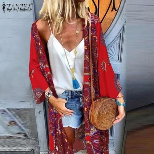 Summer Bohemian Beach Cardigan Women Long Sleeve Floral Blouse Casual Vocation Shirt ZANZEA Long Sleeve Open Front Retro Kimono